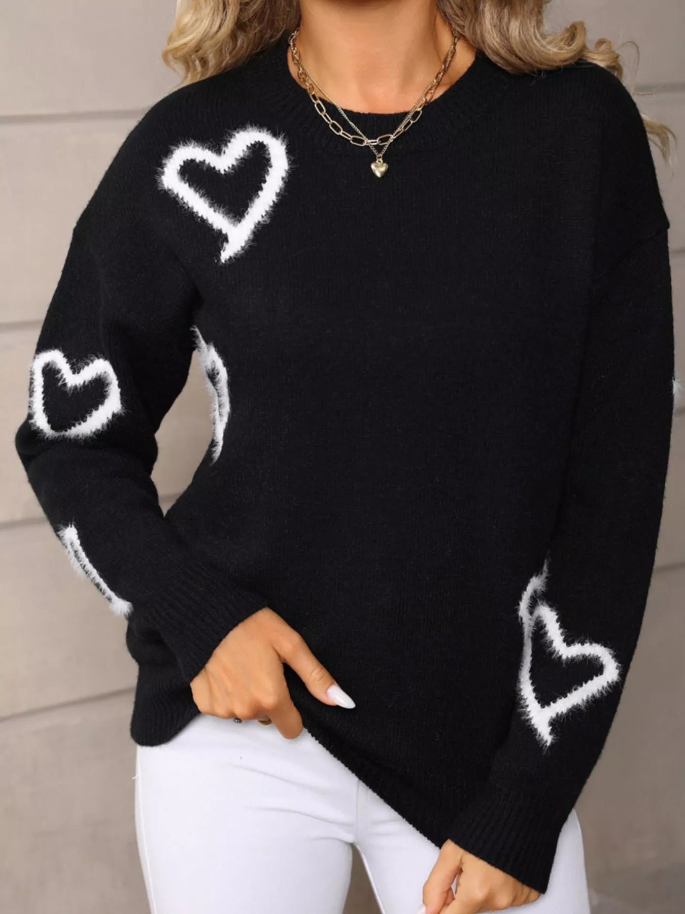 Valentines Day Heart Print Crew Neck Sweater in Black for Women