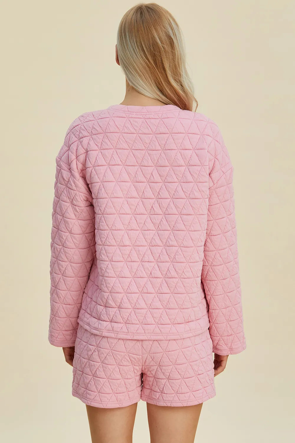 Plus Size Texture Round Neck Long Sleeve Top and Shorts Set in Pink for Women