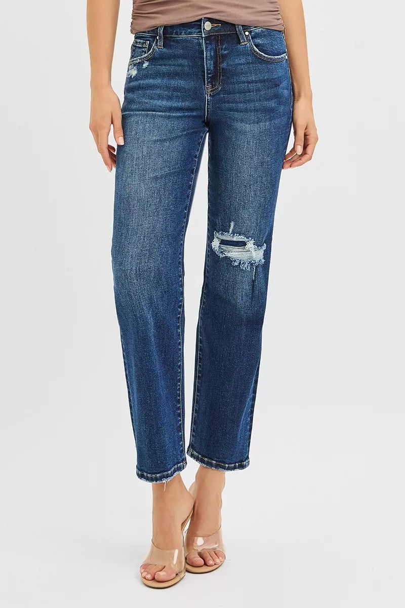 High Rise Crop Slim Straight Jenas with Hidden Knee Patch in Dark for Women