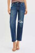 High Rise Crop Slim Straight Jenas with Hidden Knee Patch in Dark for Women