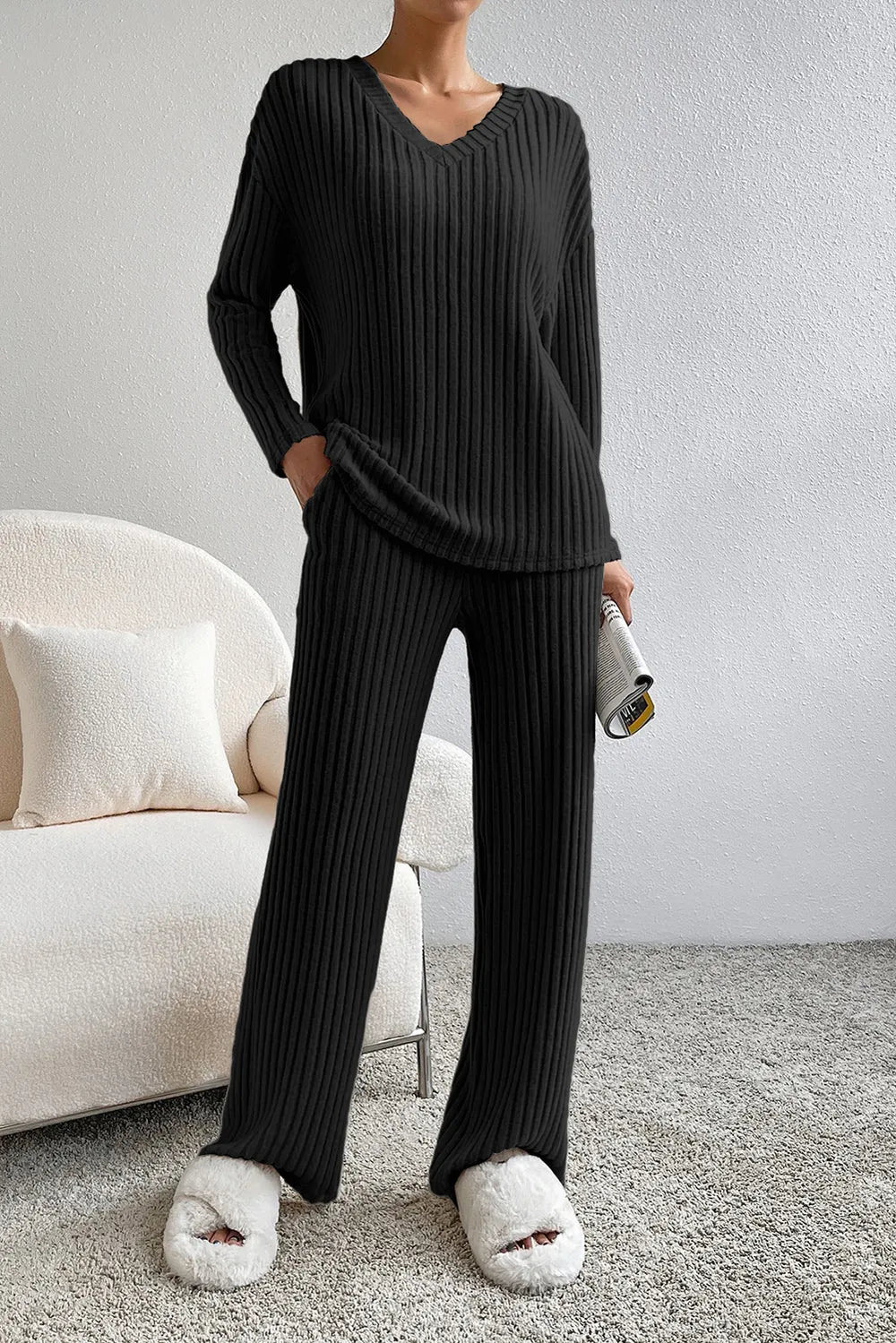Ribbed V-Neck Top and Pants Lounge Set in Light Gray for Women