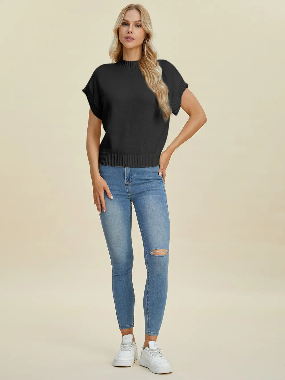 Plus Size Mock Neck Short Sleeve Sweater in Cream for Women