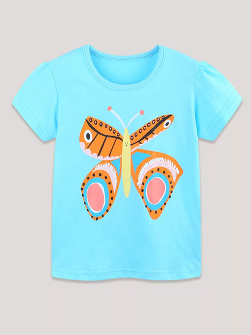 Butterfly Graphic Short Sleeve T-Shirt in Pastel Blue for Girls