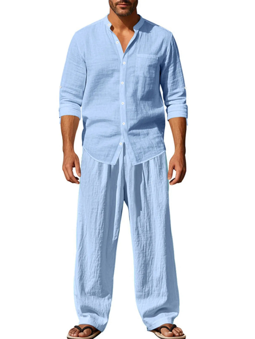 Button Up Shirt and Pants Set Plus Size in White for Men