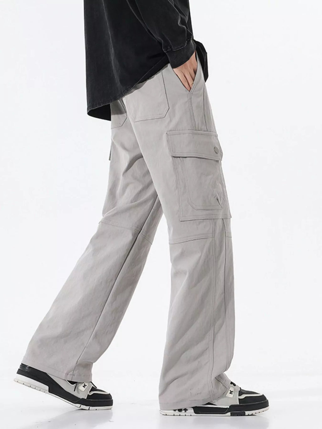 Drawstring Cargo Wide Leg Pants Plus Size in Coffee for Men
