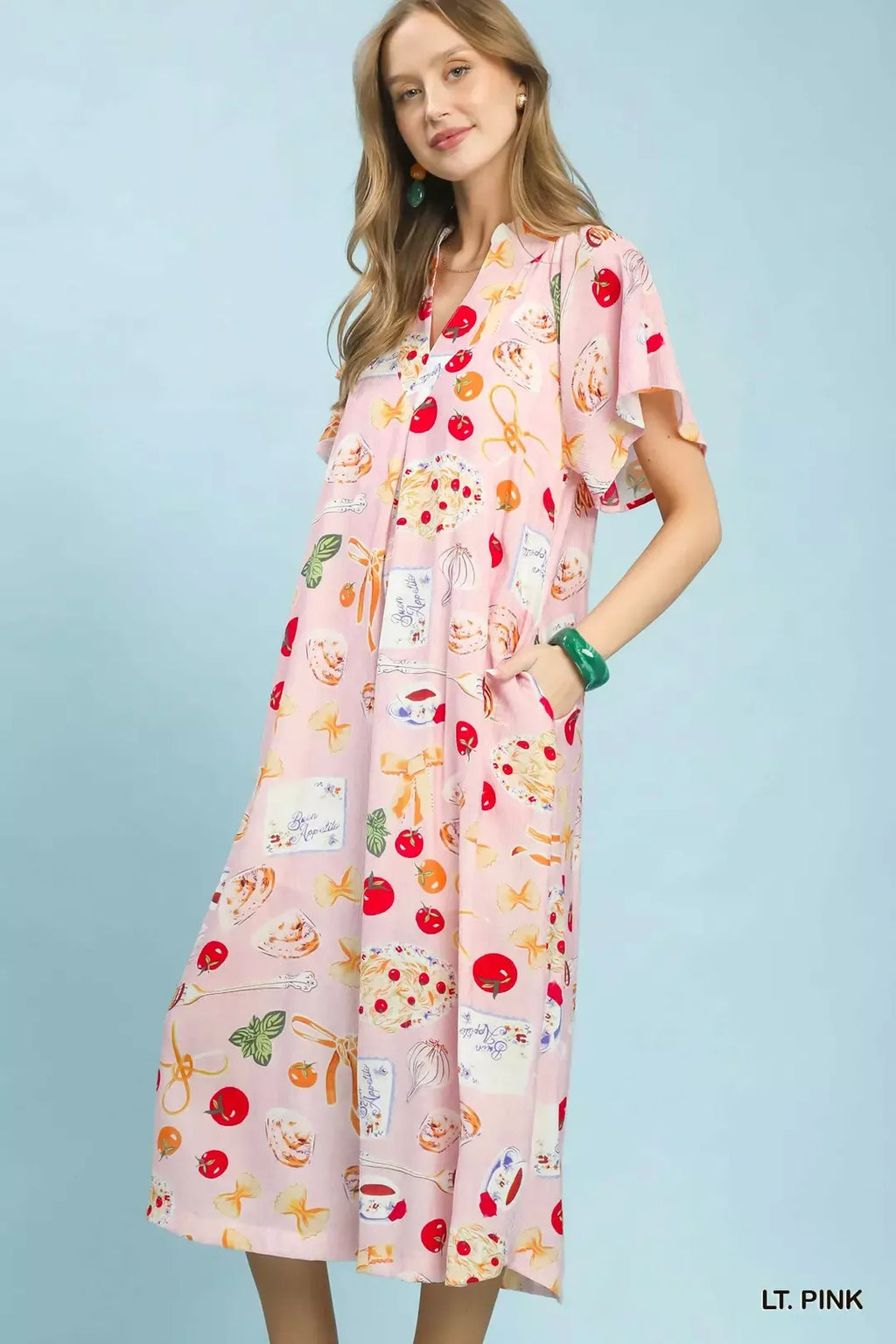 Abstract Print Flutter Sleeve Midi Dress in Light Pink for Women