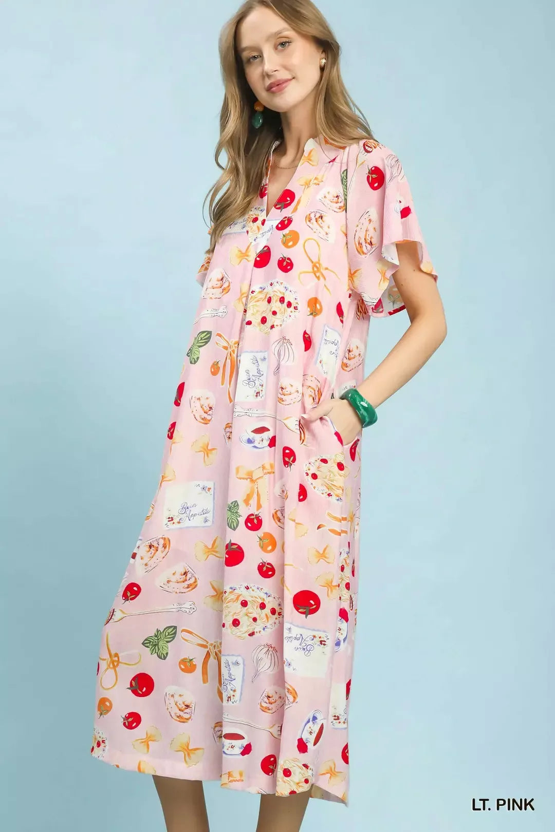 Abstract Print Flutter Sleeve Midi Dress in Light Pink for Women
