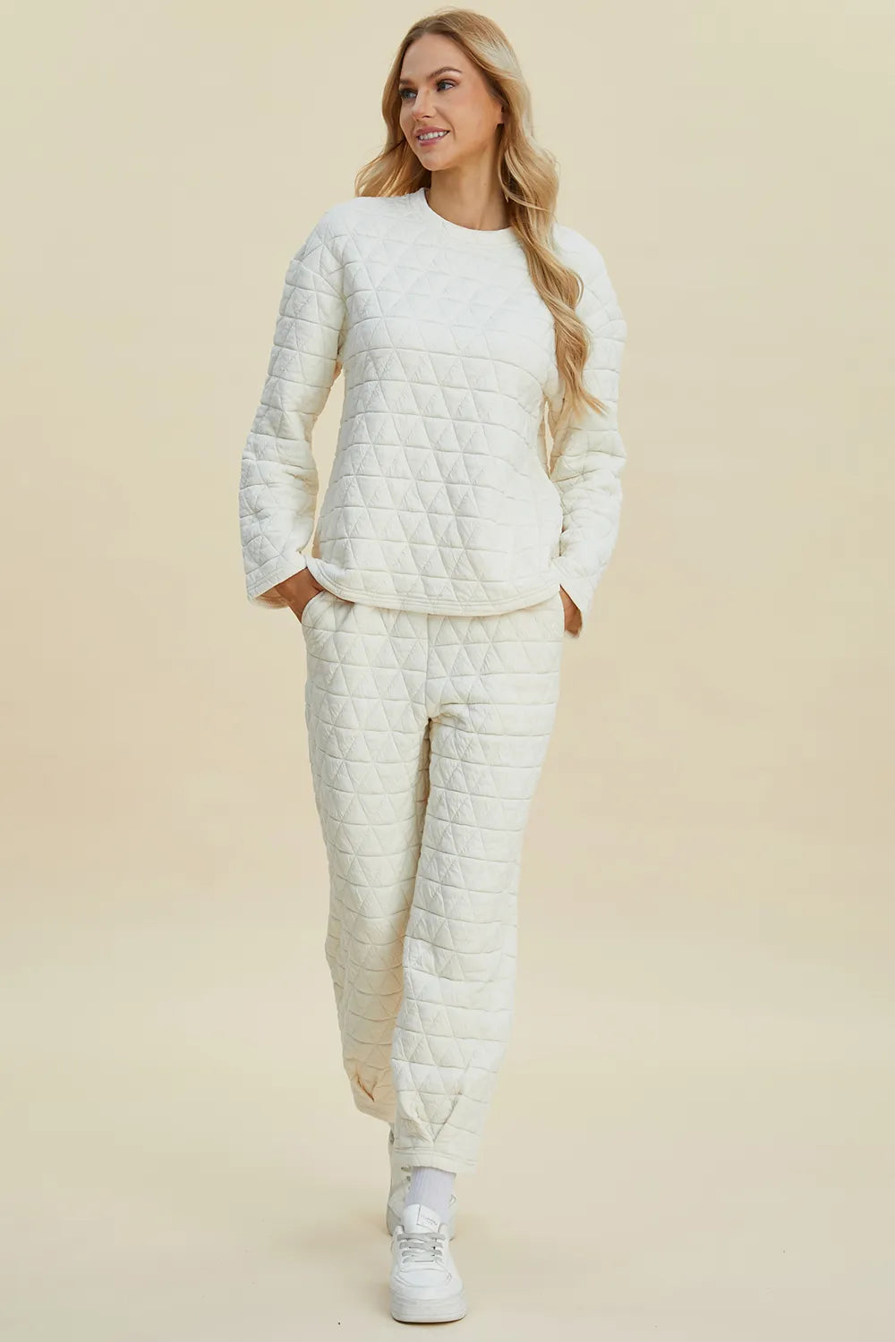 Plus Size Texture Round Neck Long Sleeve Top and Pants Set in Beige for Women