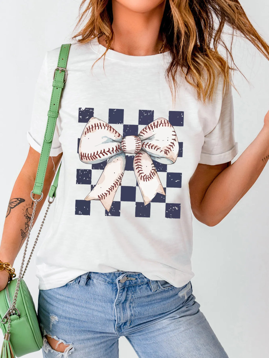 Checkered Bowknot Graphic Crew Neck T-Shirt in White for Women