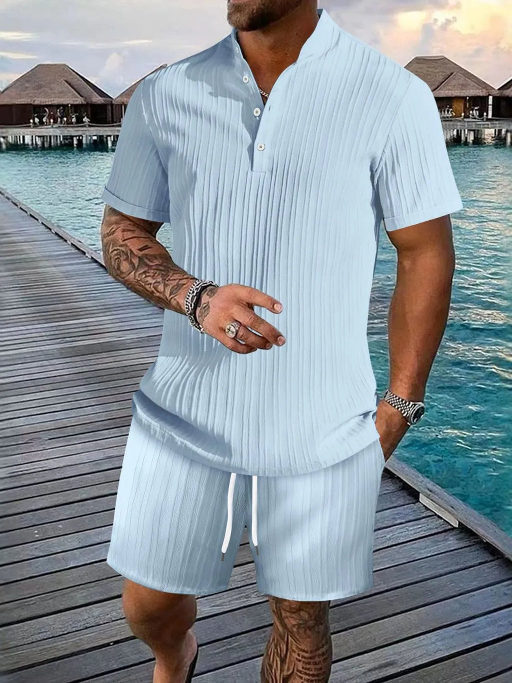 Button Detail Short Sleeve Top and Shorts Set Plus Size in White for Men