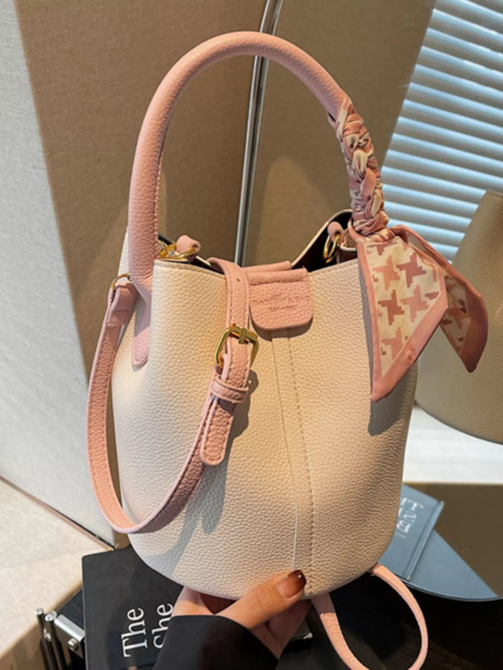 Leather Bucket Crossbody Bag in Cream for Women