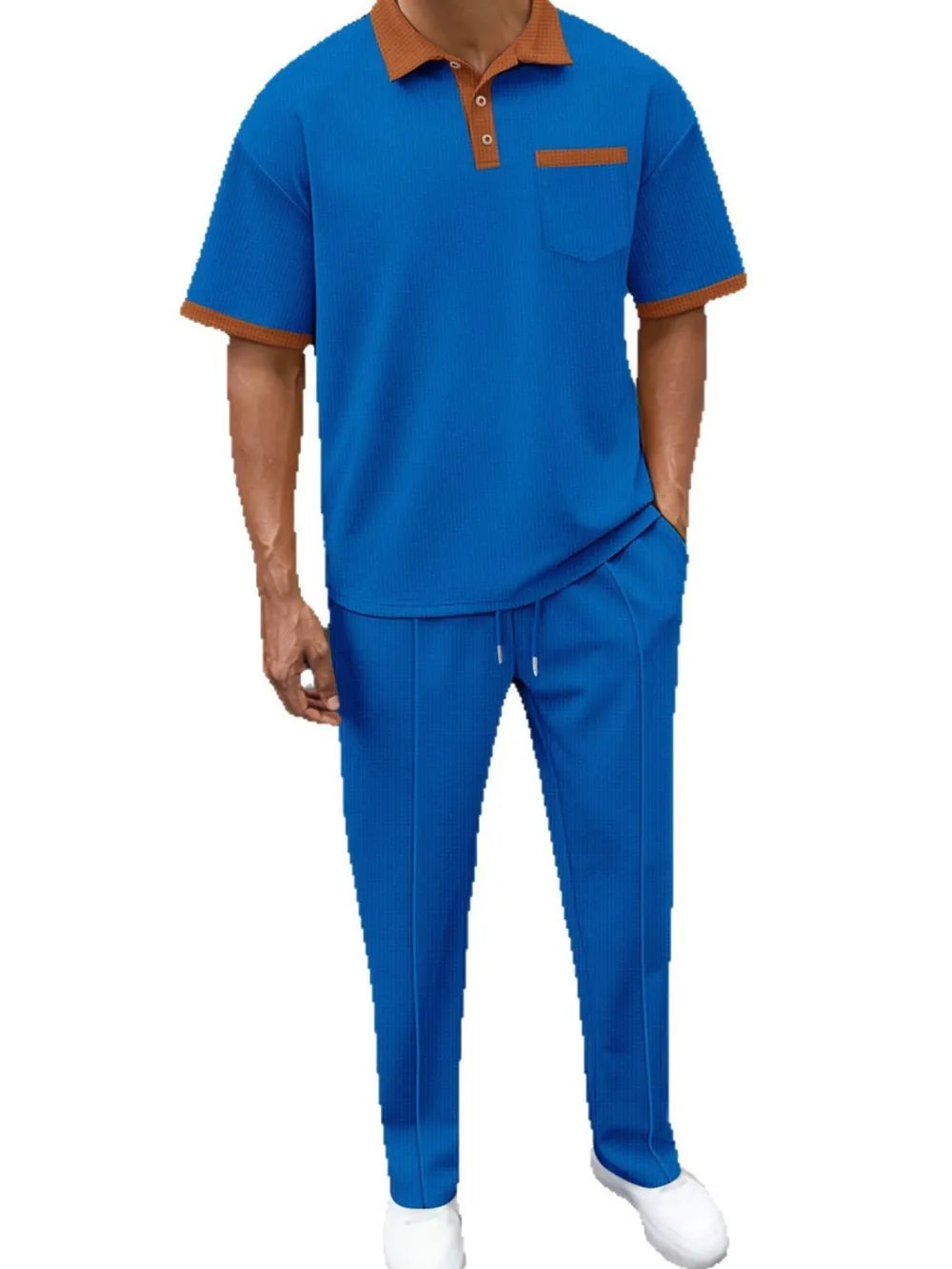 Waffle-Knit Contrast Polo and Pants Set Plus Size in Beige for Men
