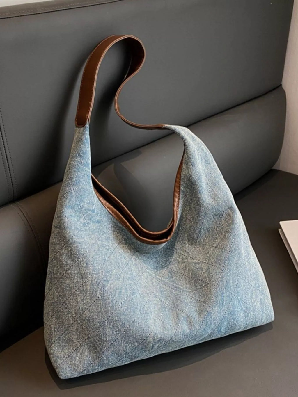 Denim Shoulder Bag with Leather Trim in Light Blue for Women