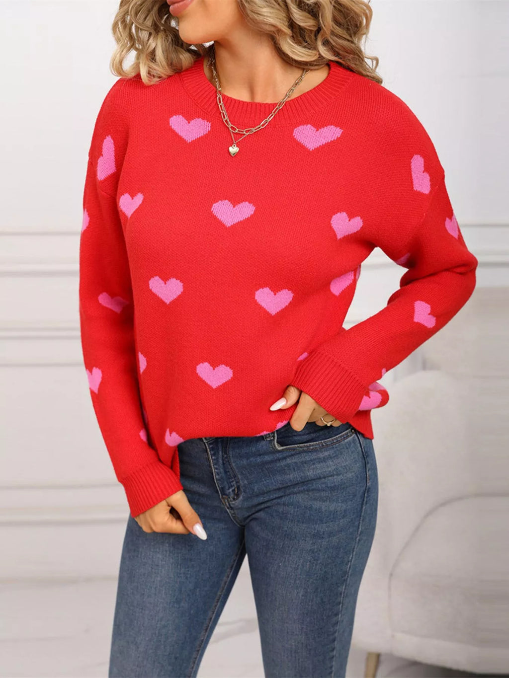 Valentines Day Heart Pattern Dropped Shoulder Sweater for Women