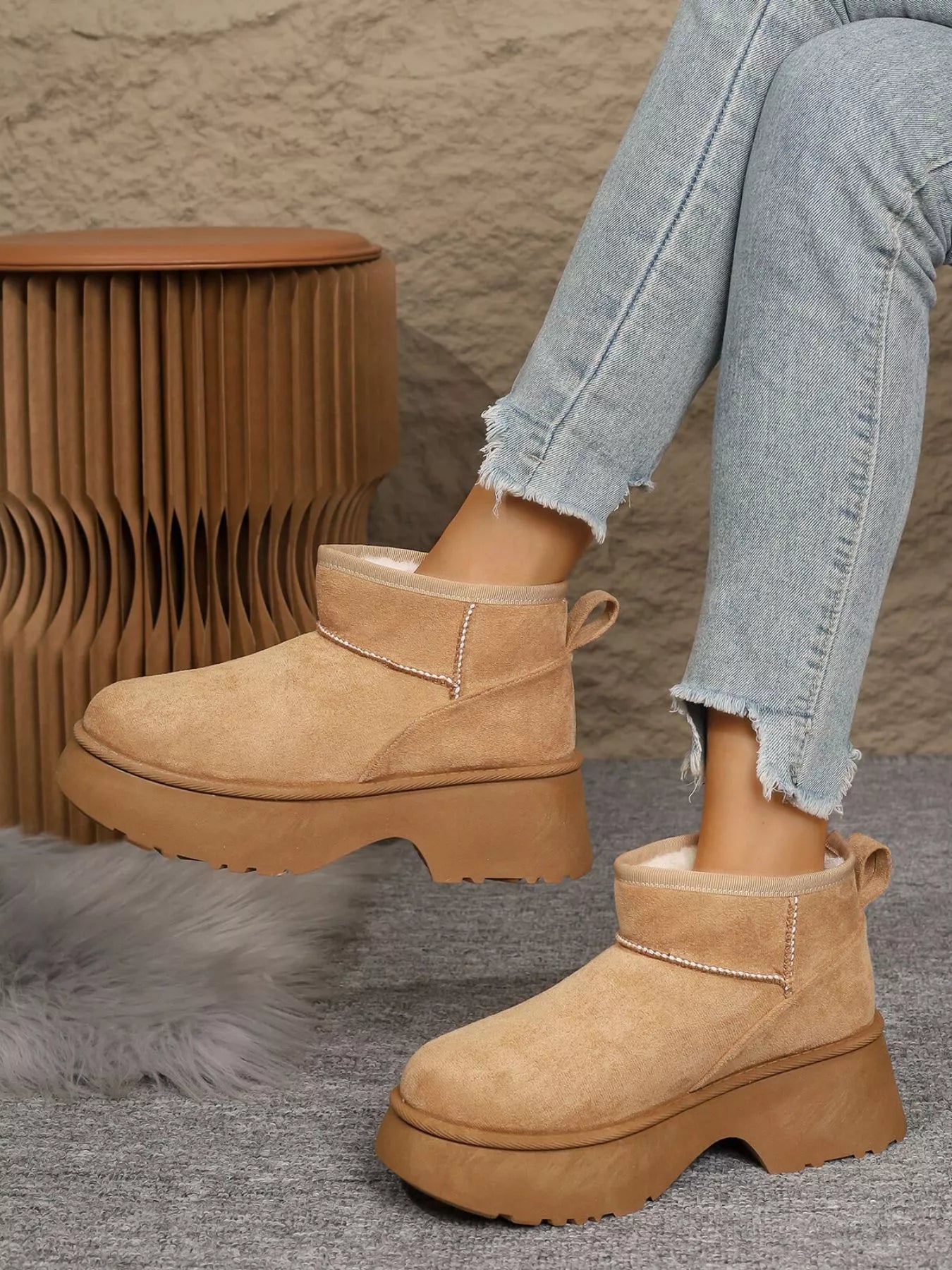 Round Toe Platform Boots in Black in Brown for Women