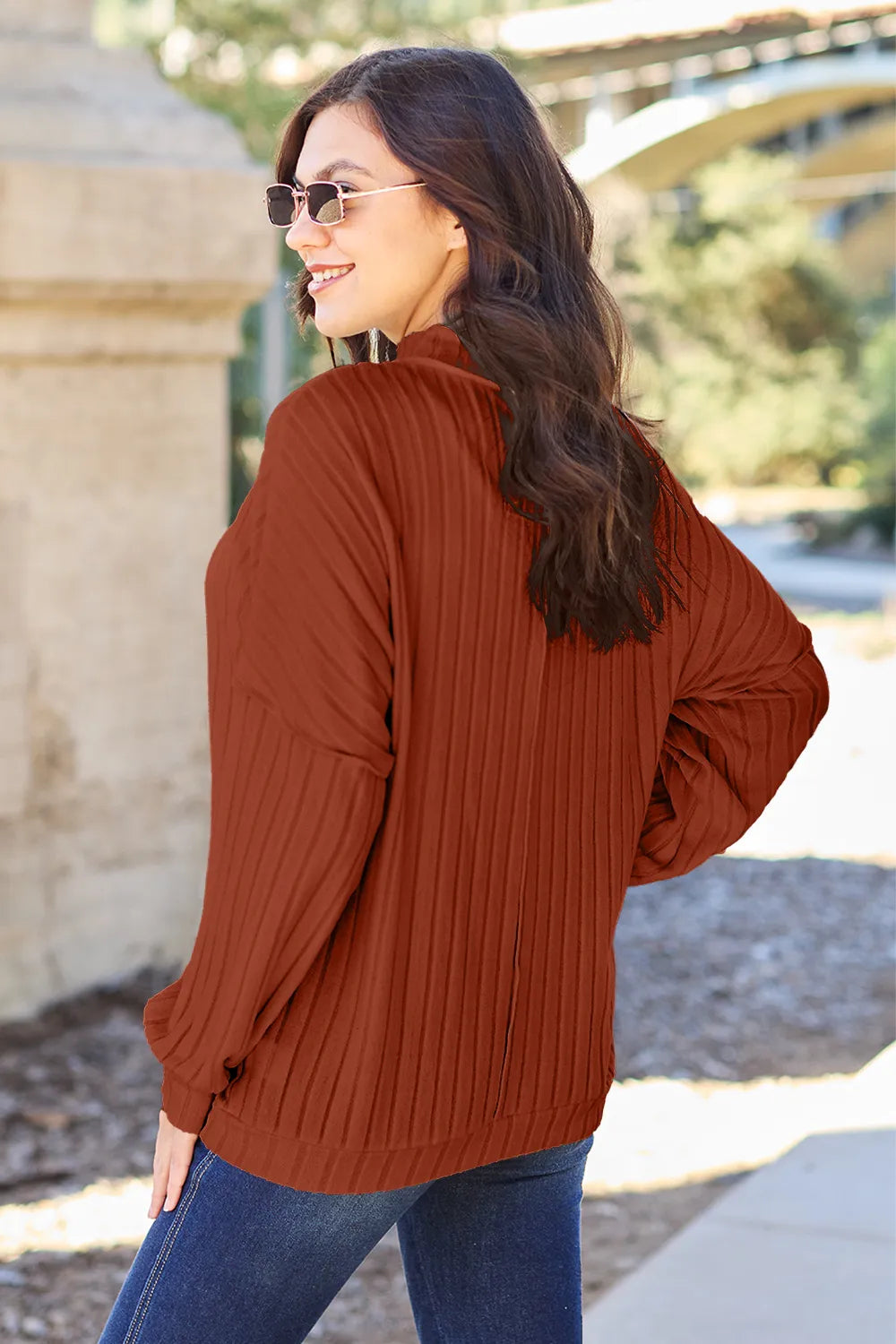 Plus Size Ribbed Exposed Seam Mock Neck Knit Top in Turquoise for Women