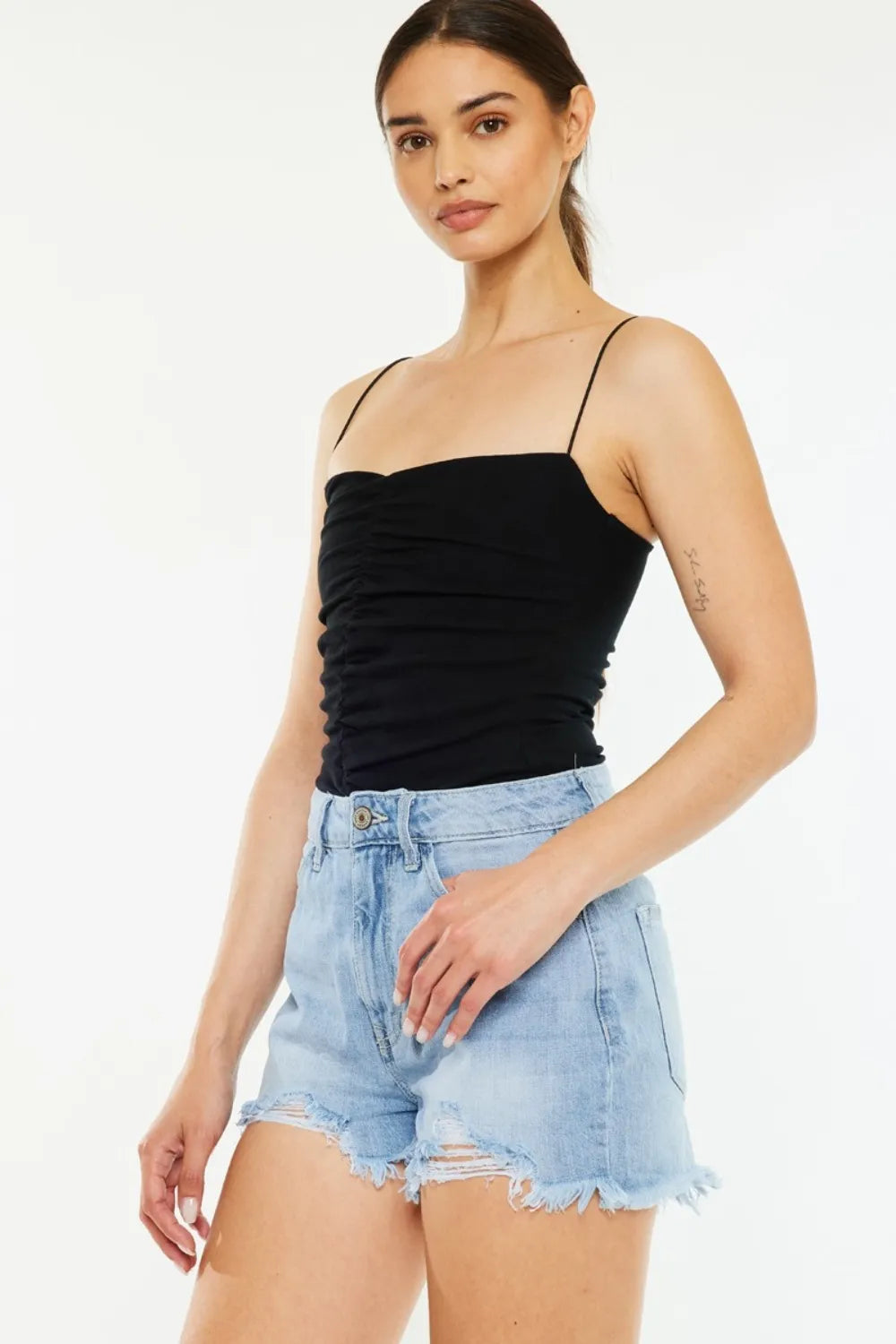 Raw Hem Distressed High Waist Denim Shorts in Light for Women