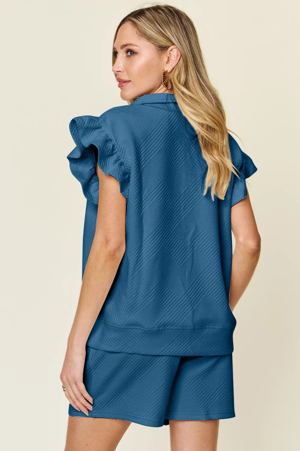 Plus Size Texture Flounce Sleeve Top and Drawstring Shorts Set in Mid Green for Women