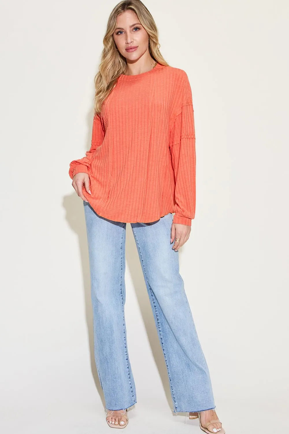 Plus Size Ribbed Round Neck Long Sleeve T-Shirt in Gray for Women