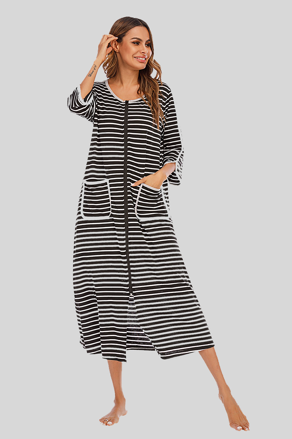 Round Neck Three-Quarter Sleeve Midi Night Dress in Red for Women