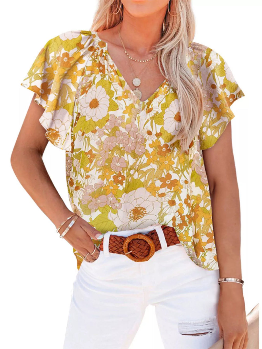 Floral Print Flutter Sleeve V-Neck Blouse Plus Size in Black for Women