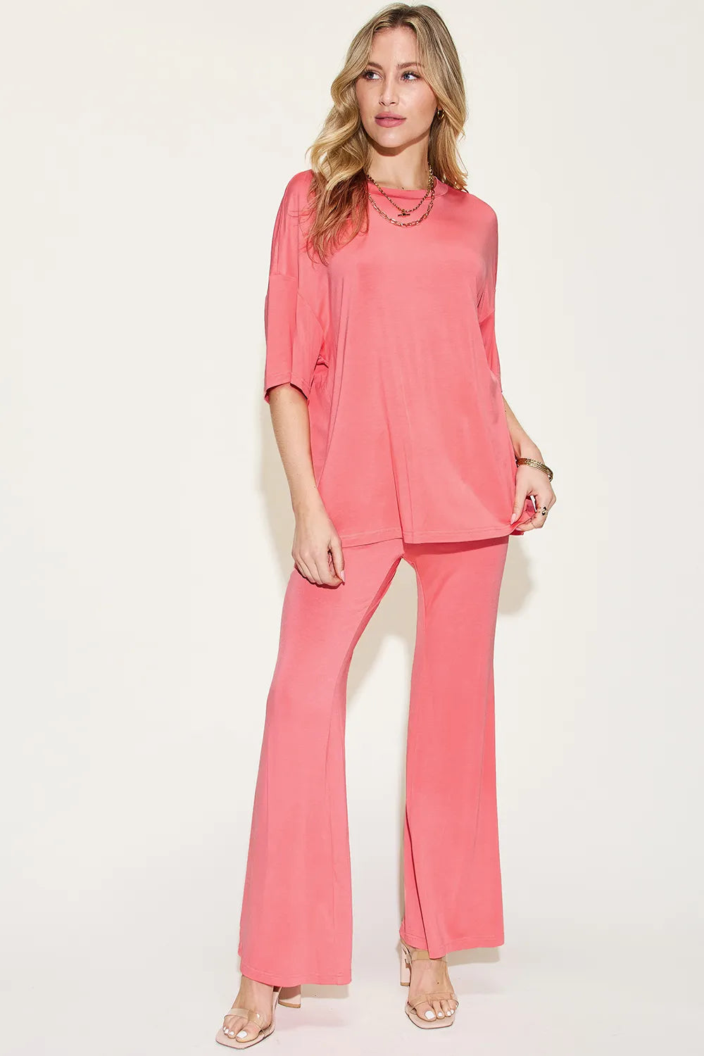 Plus Size Bamboo Drop Shoulder T-Shirt and Flare Pants Set in Black for Women