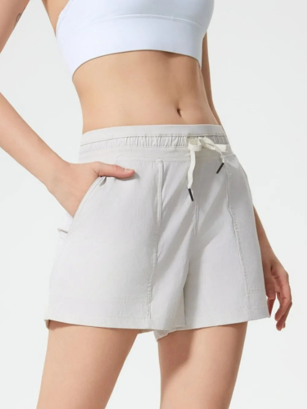 Drawstring Active Shorts with Pockets in White for Women