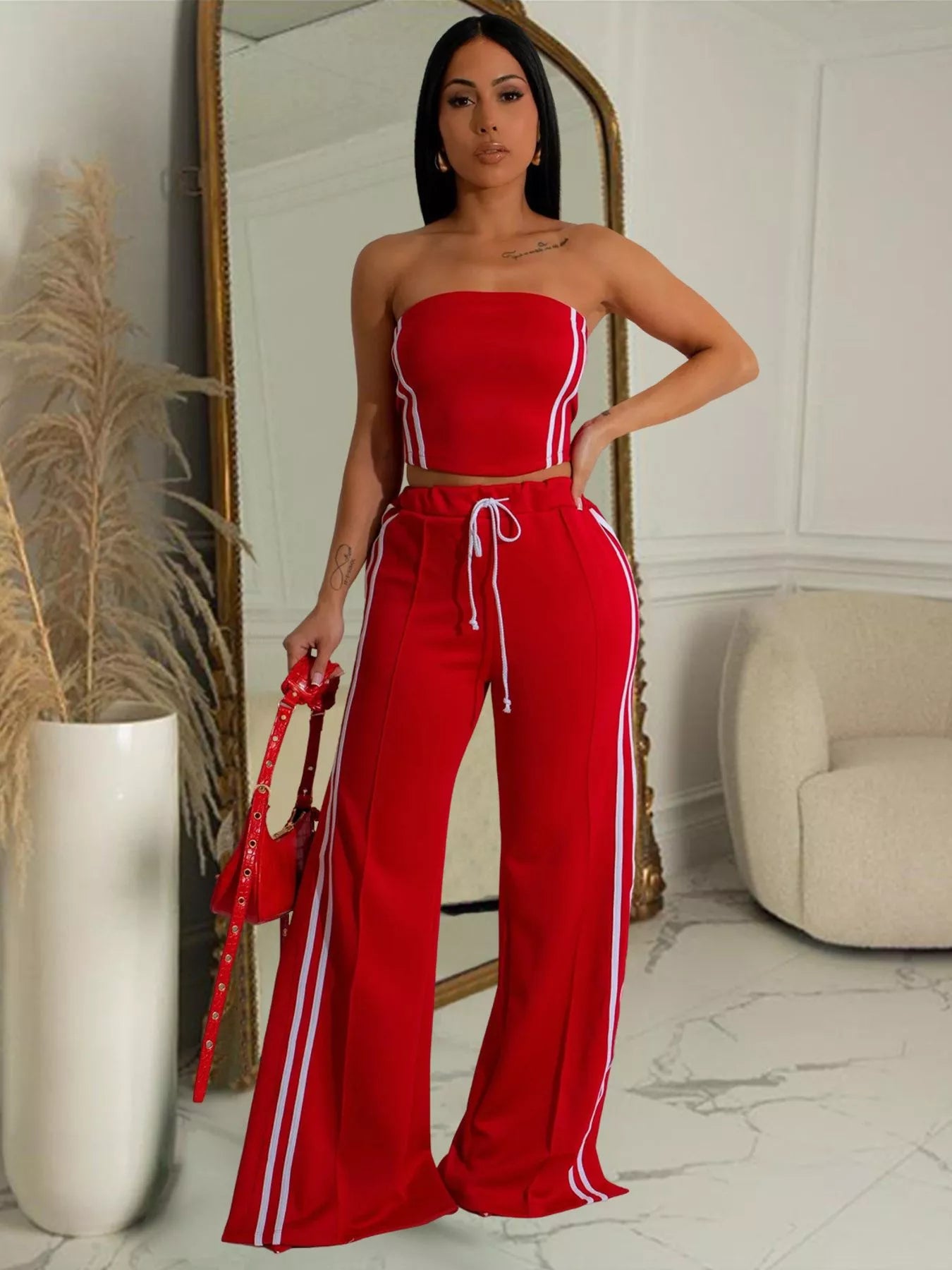 Sleeveless Tube Top and Wide Leg Pants Set in Scarlet for Women