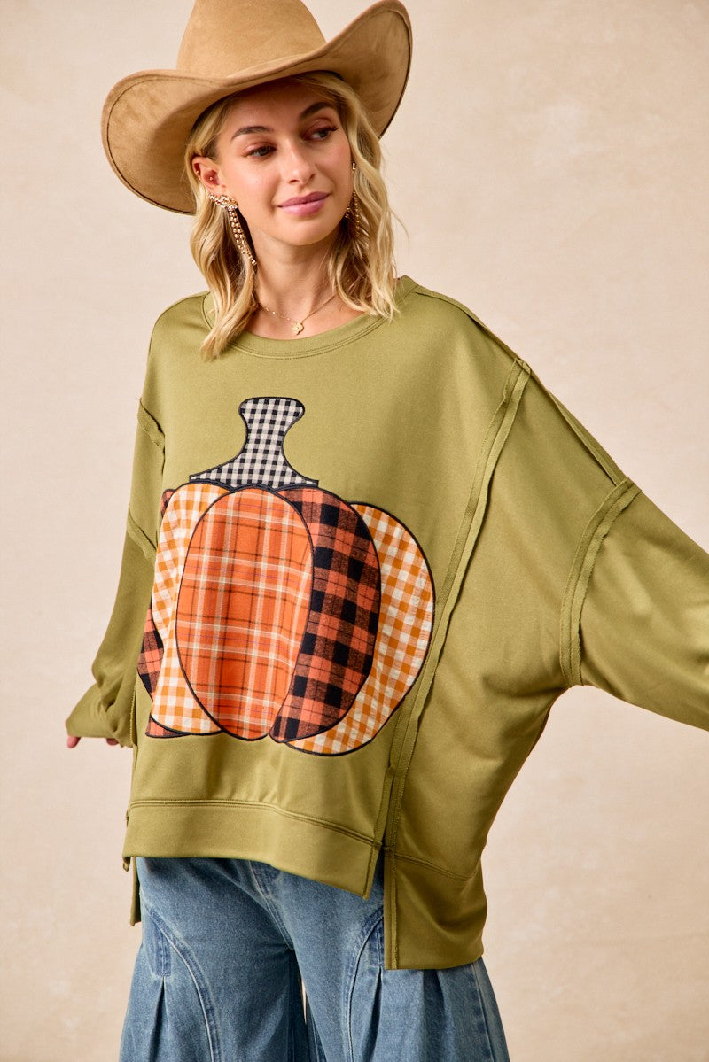 Plaid Mix Pumpkin Patchwork Cut Edge Detail Oversized French Terry Sweatshirt in Olive for Women