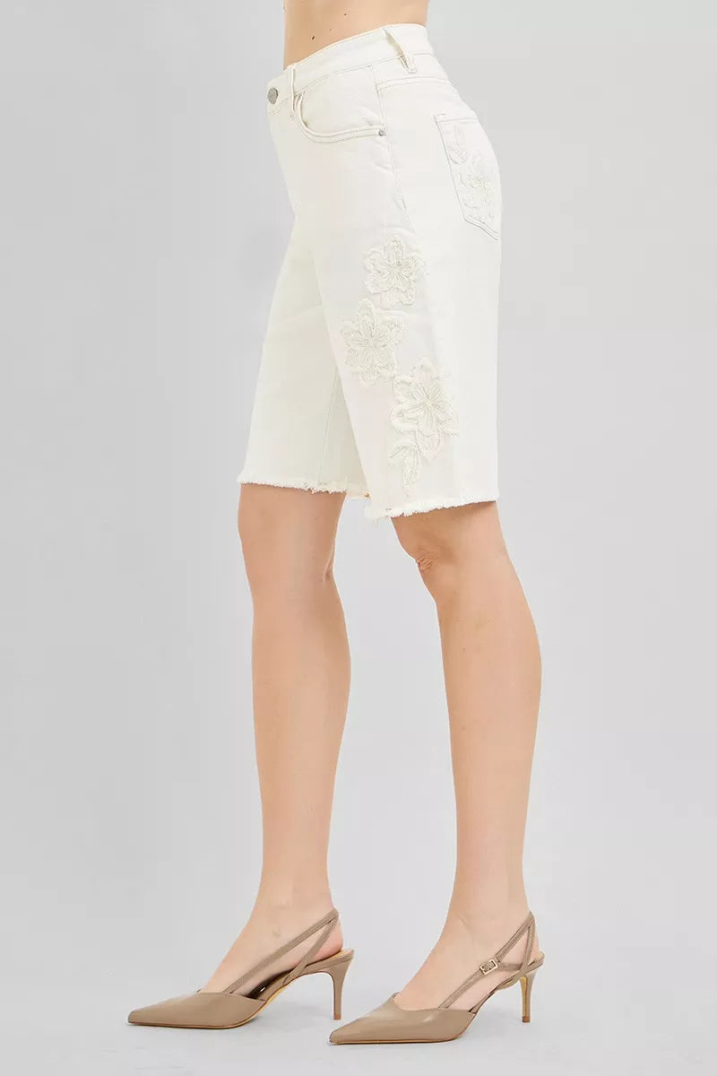 Slouchy Relaxed Floral Embroidered Bermuda Denim Shorts for Women