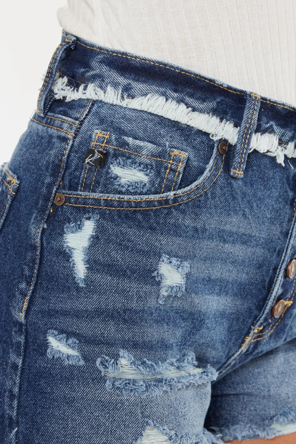 Distressed Button Fly Denim Shorts in Dark for Women