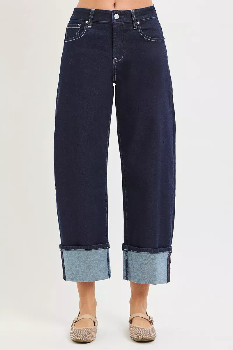Slouchy Crop Barrel Cuffed Hem Jeans in Solid Dark for Women