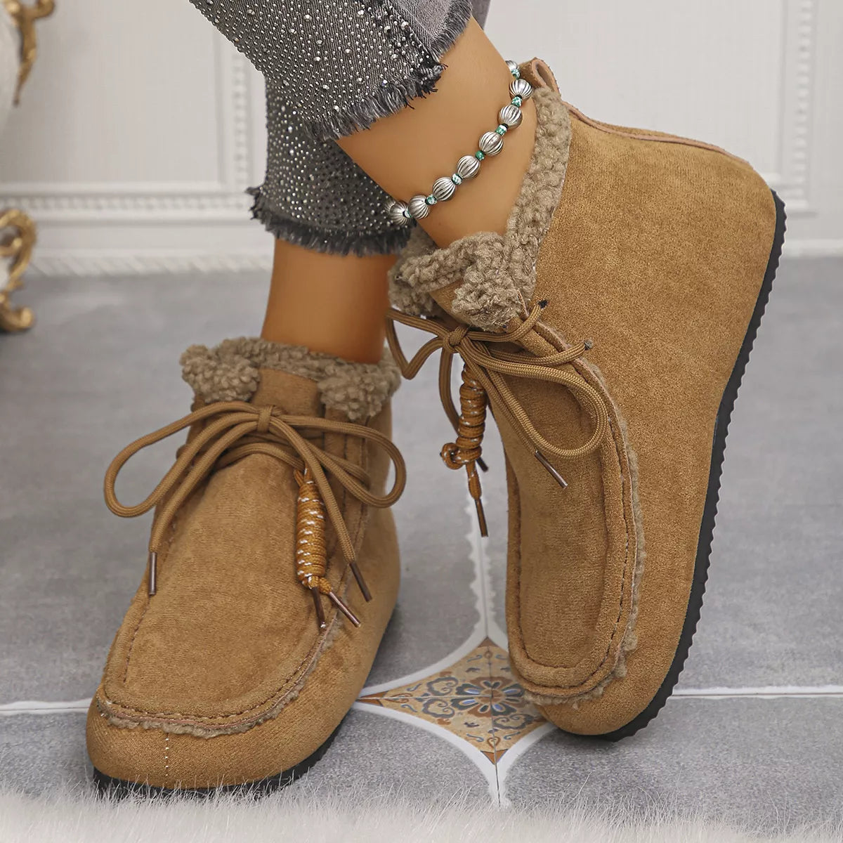 Plush Lined Ankle Boots in Brown for Women