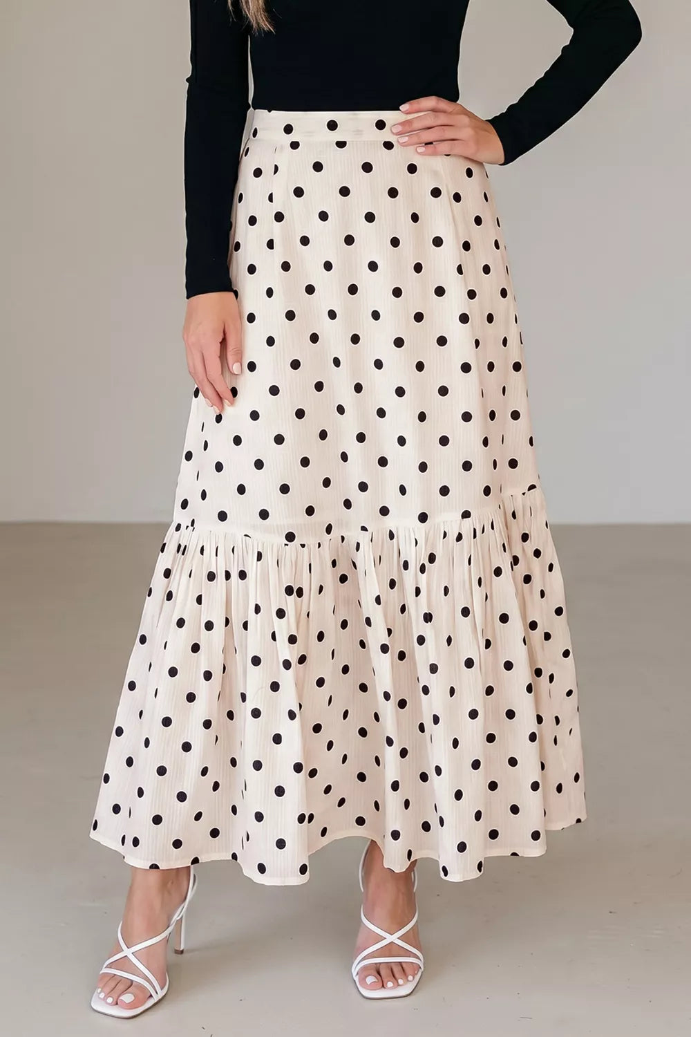 Polka Dot Ruffled Slit Maxi Skirt in Beige for Women