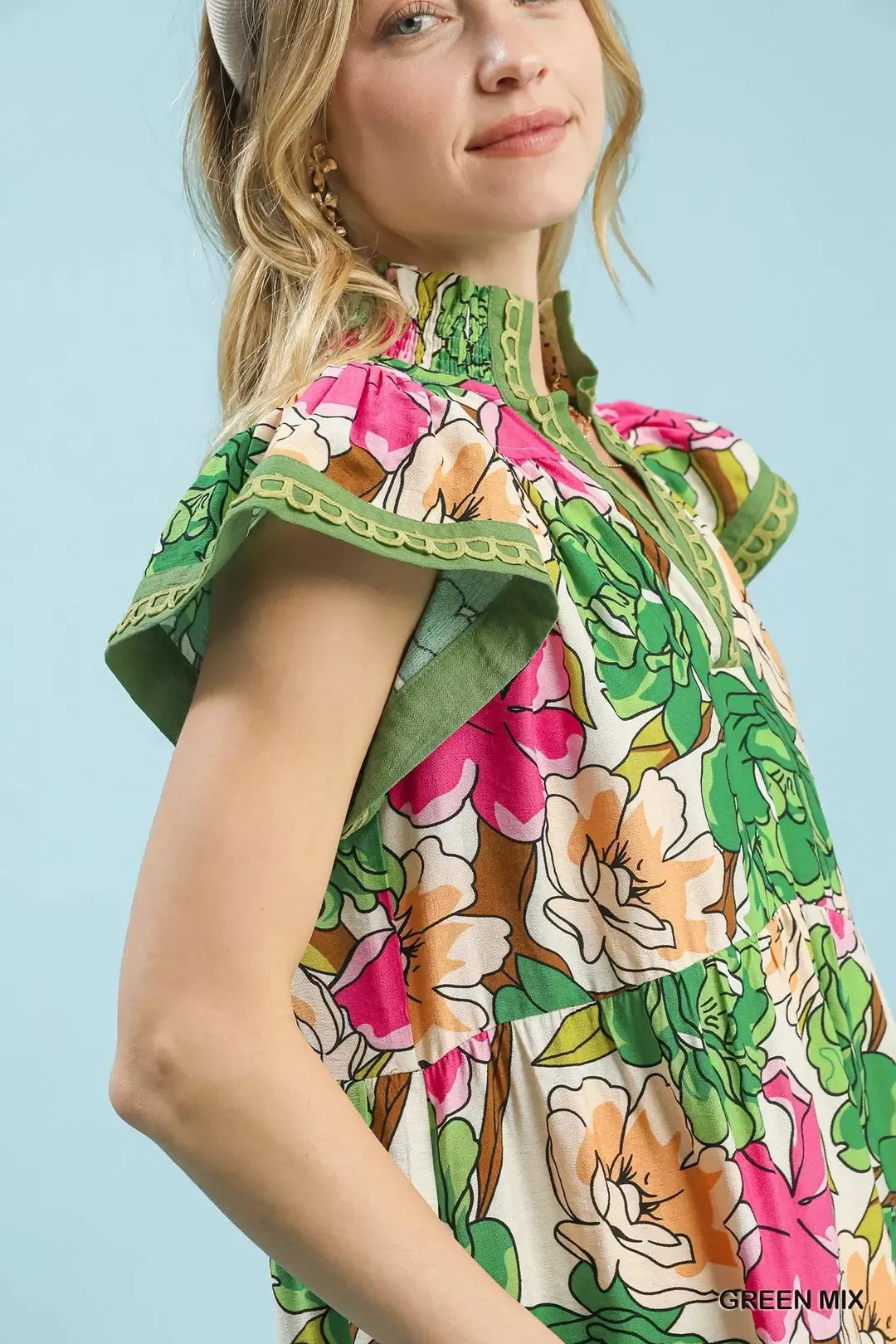 Mix Bold Floral Tiered Midi Dress in Green Mix for Women