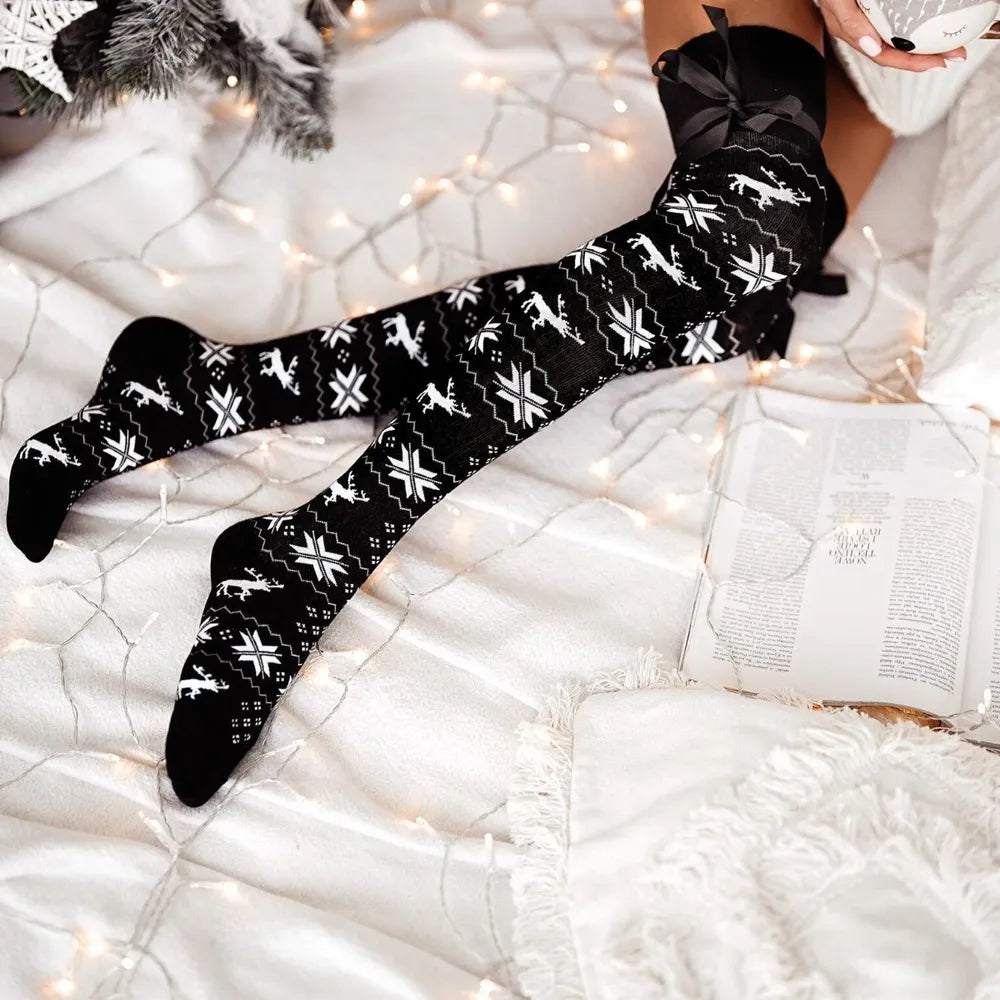 Christmas Element Bowknot Ribbed Trim Over Knee Stockings for Women