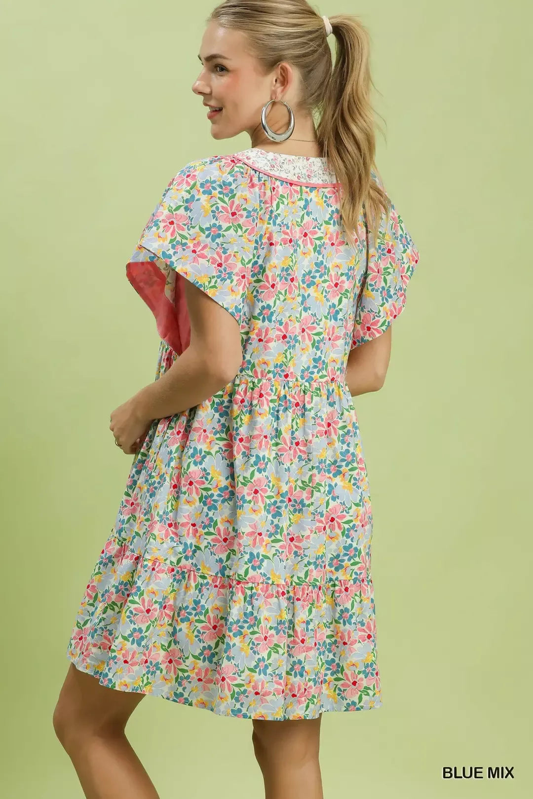 Mix Floral Tiered Mini Dress with Side Pockets in Blue Mix for Women