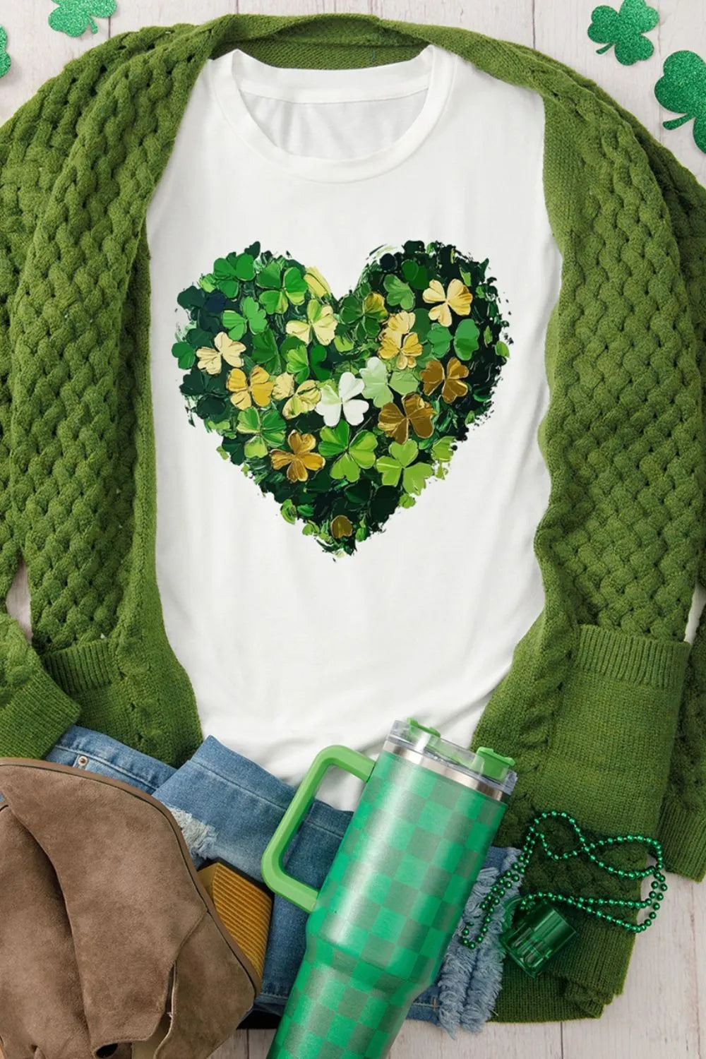 Clover Heart Round Neck Short Sleeve T-Shirt in White for Women