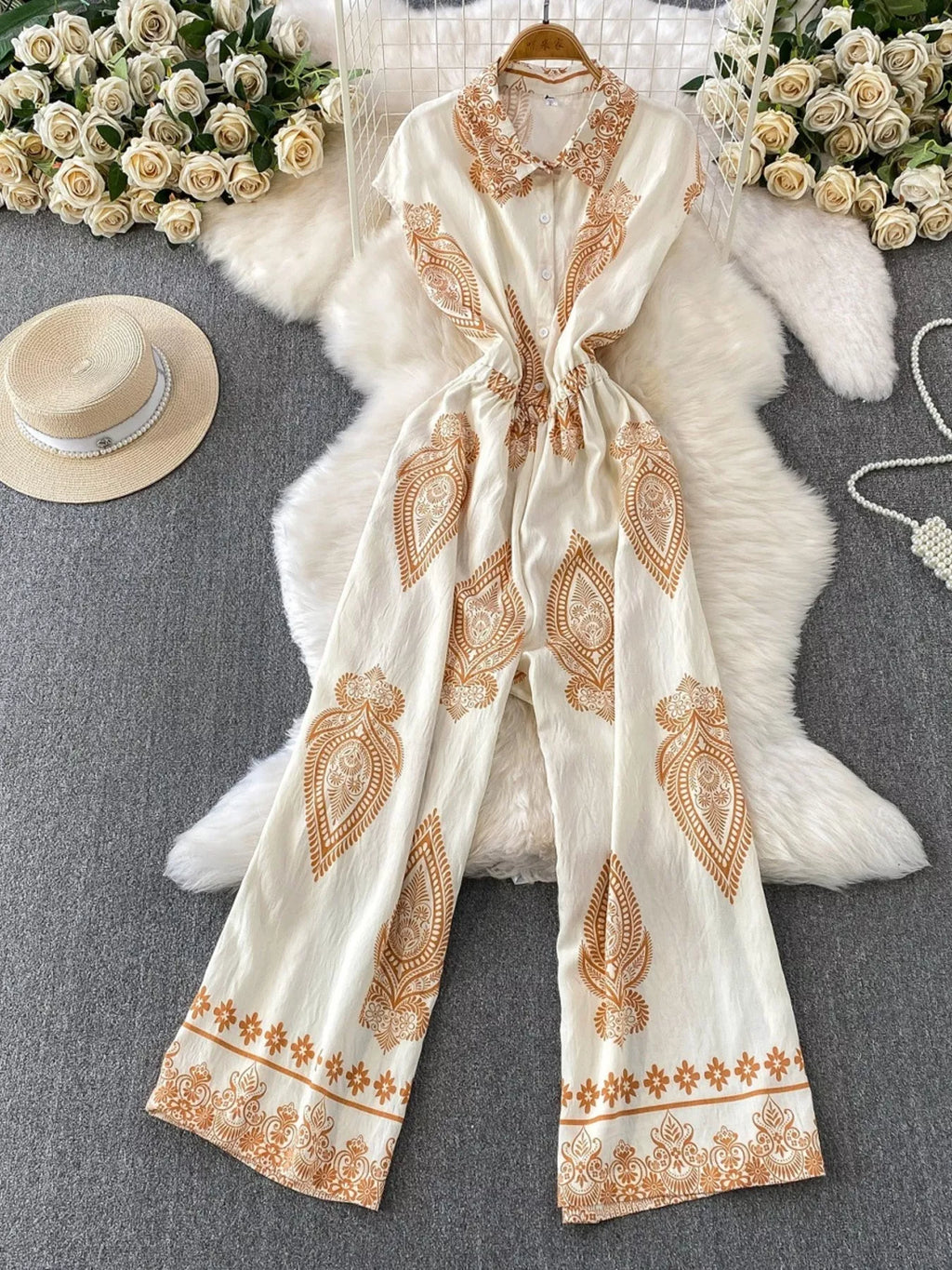 Green Button Front Wide Leg Jumpsuit for Women