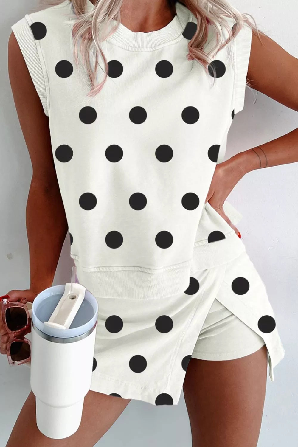 Ribbed Trim Polka Dot Print Tank Split Mini Skort Two-Piece Set in White for Women