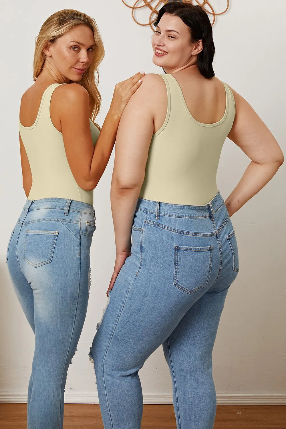 Plus Size Square Neck Sleeveless Bodysuit in Beige for Women