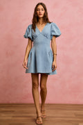 Bubble Sleeves Denim Fit and Flare Mini Dress in Light Denim for Women