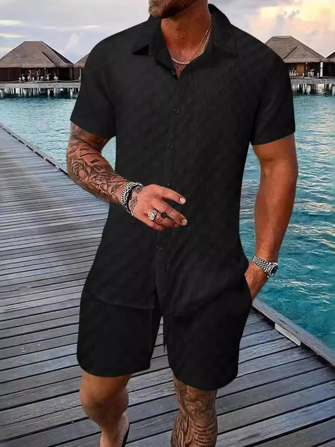 Collared Neck Short Sleeve Top and Shorts Set Plus Size in Light Blue for Men