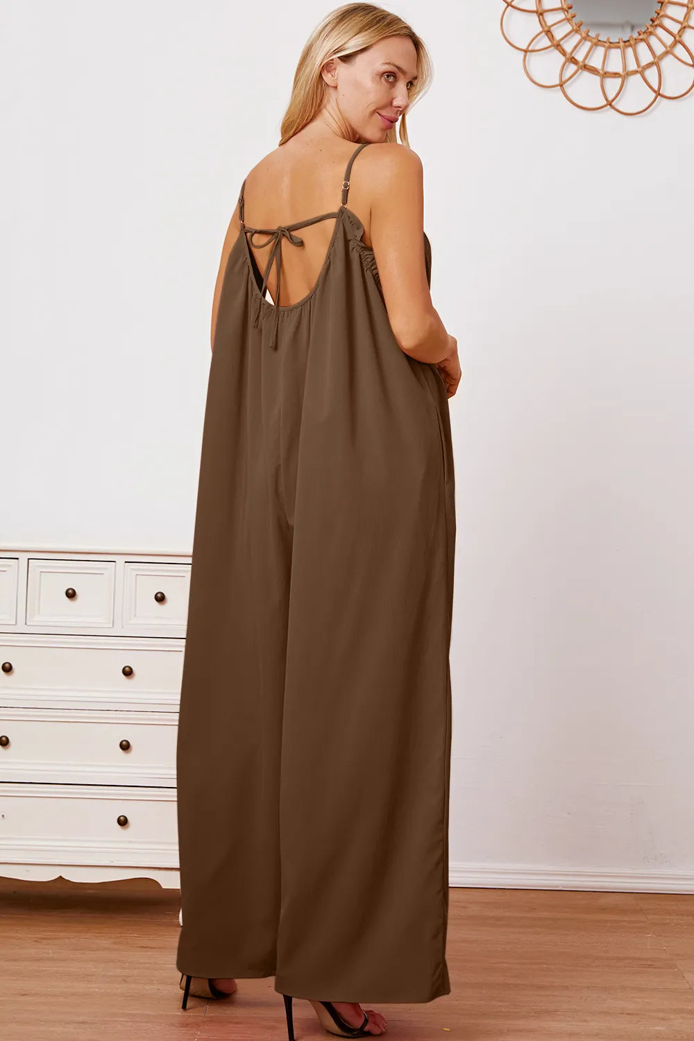 Plus Size Ruffle Trim Tie Back Cami Jumpsuit with Pockets in Mocha for Women