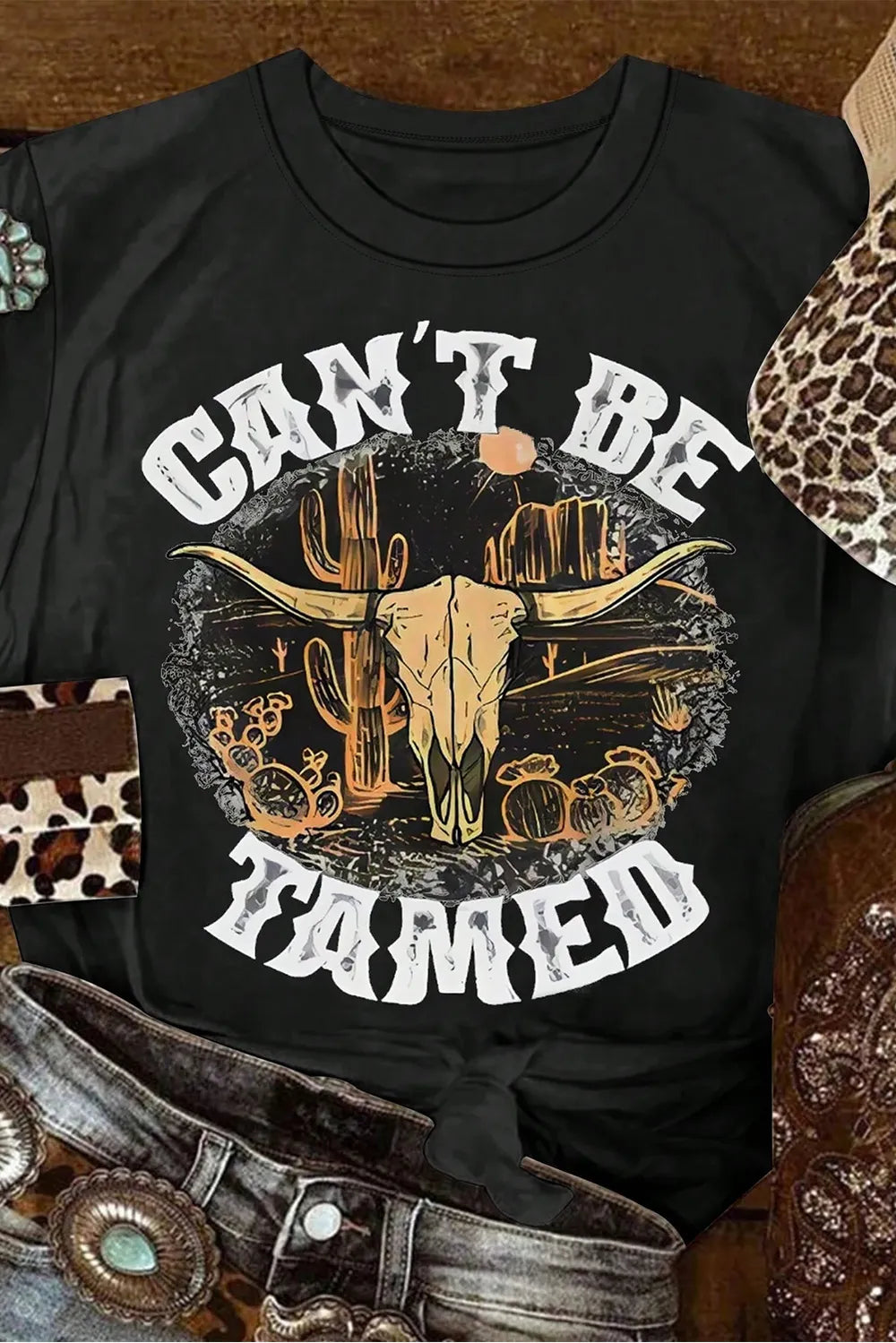 Graphic Round Neck Short Sleeve T-Shirt in Classic in Black for Women