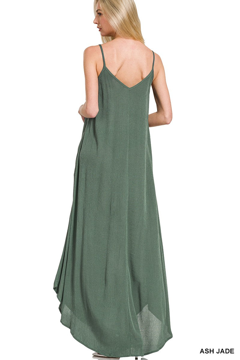 Woven Crinkle Cami Maxi Dress with Side Pockets in Jade Green for Women