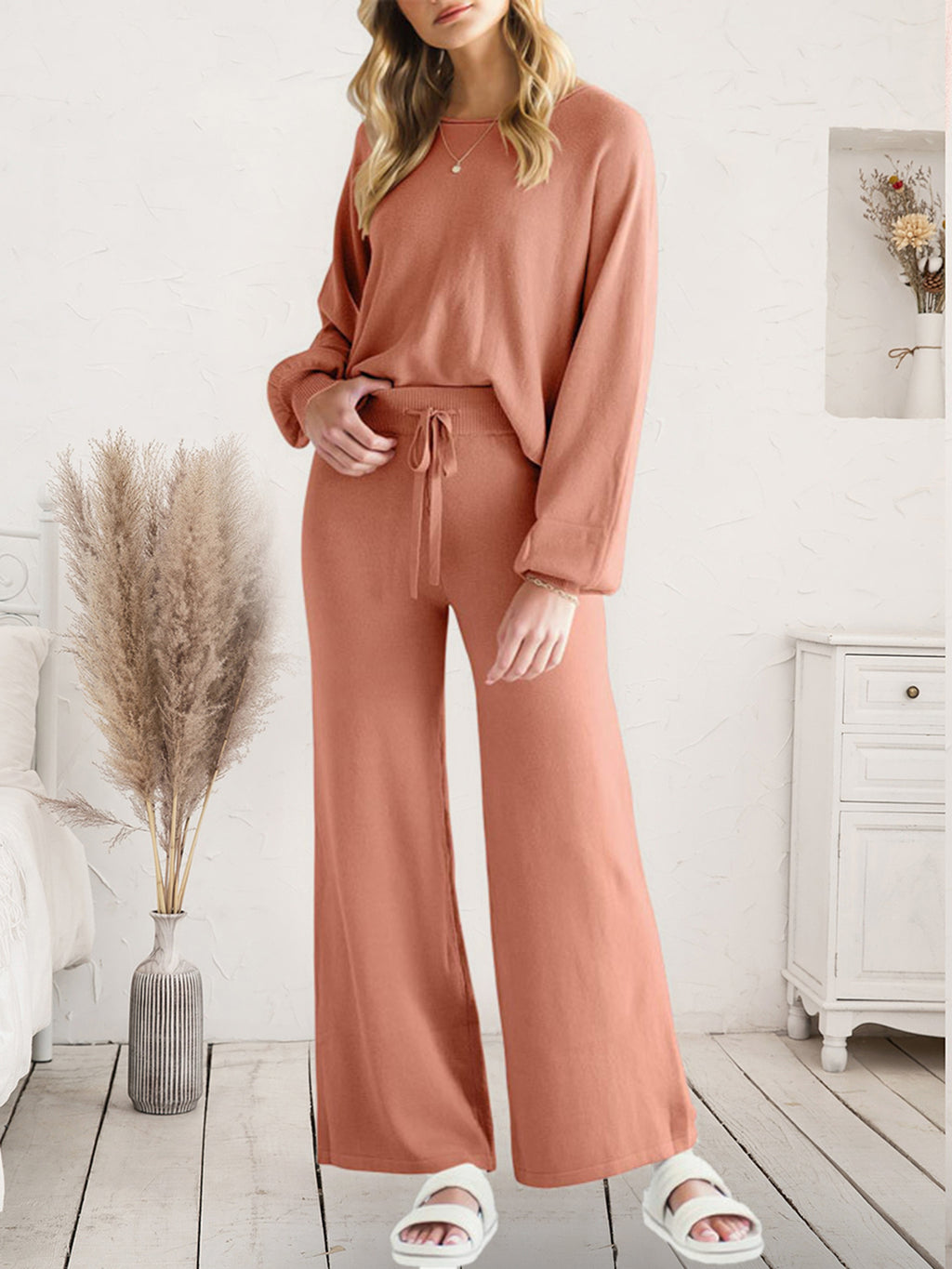 Long Sleeve Lounge Top and Drawstring Pants Set in Caramel for Women