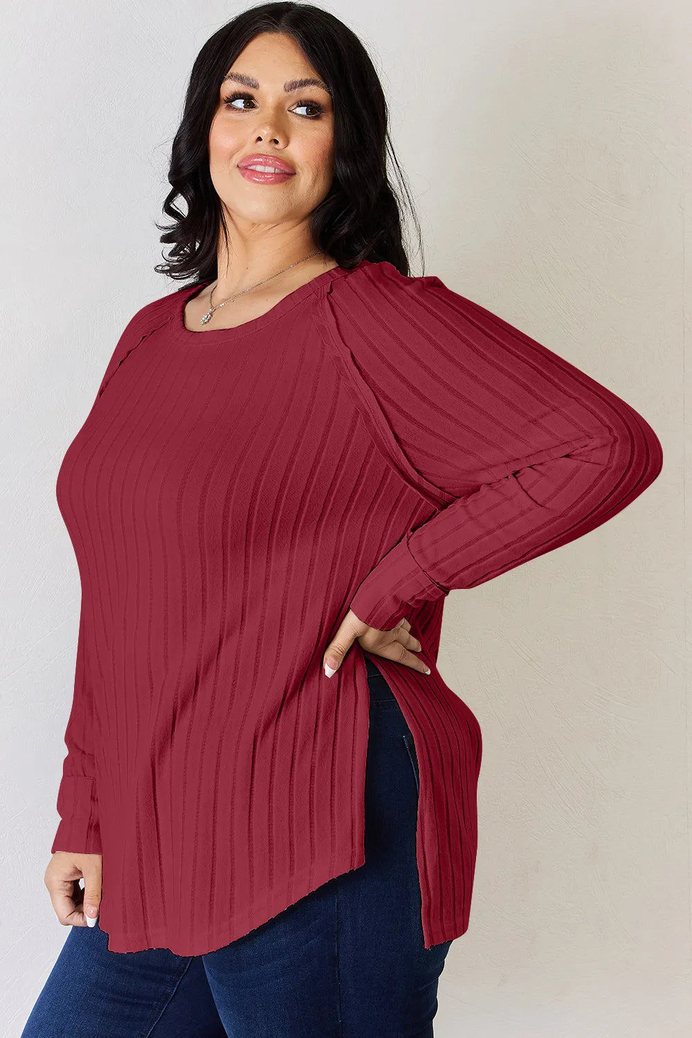 Plus Size Ribbed Round Neck Slit T-Shirt in Light Yellow for Women