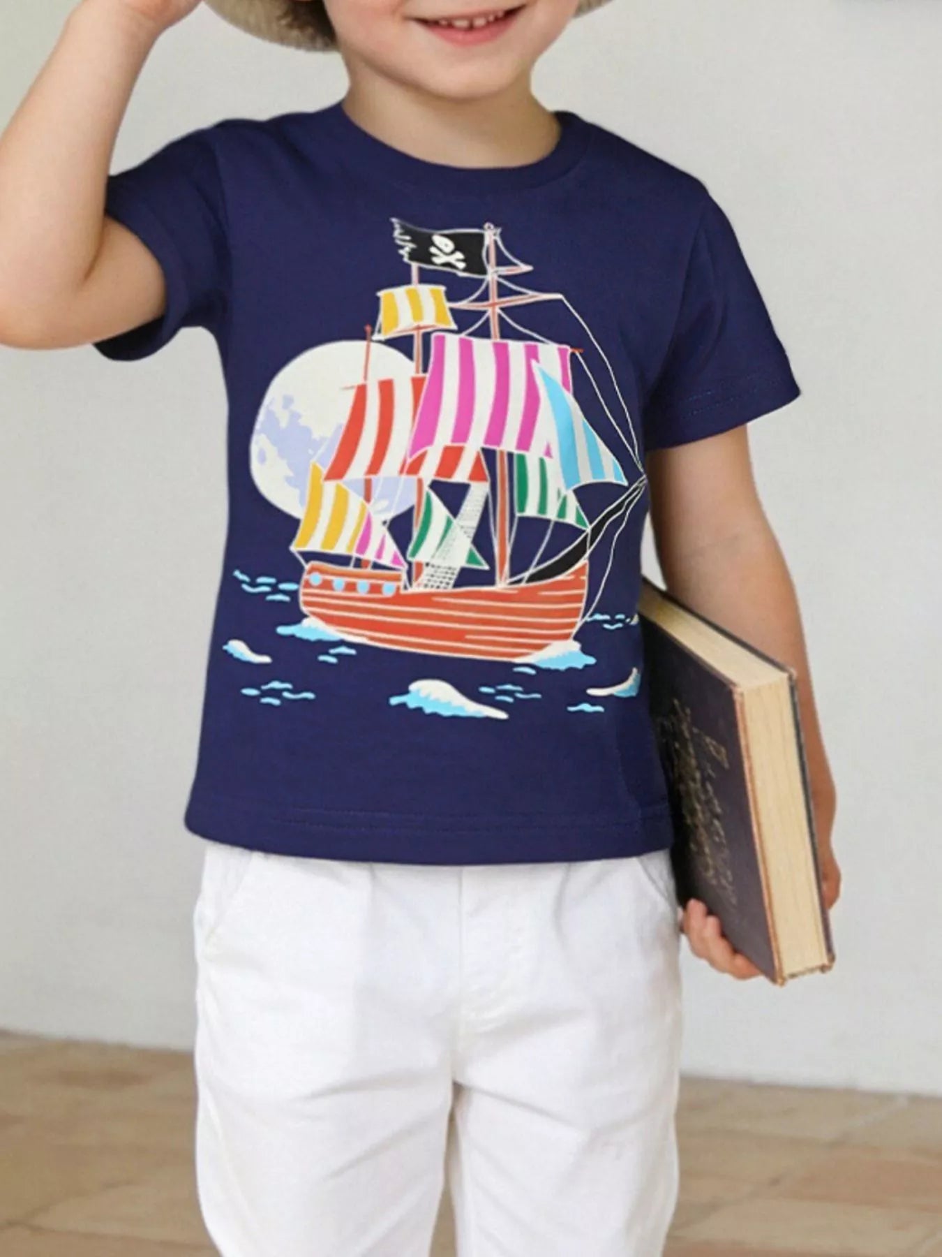 Pirate Ship Graphic Short Sleeve T-Shirt in Dark Navy for Boys