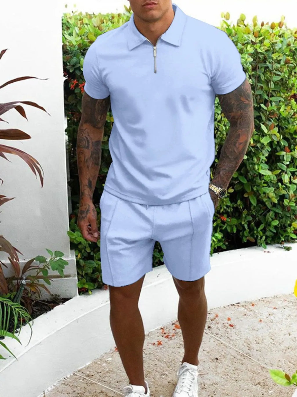 Collared Neck Short Sleeve Top and Shorts Set Plus Size in Black for Men